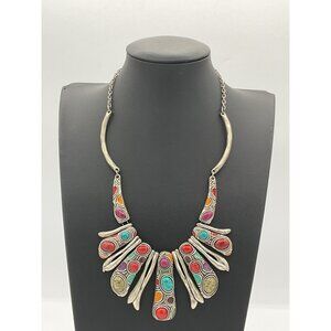 Vintage Tribal Silver Bib Necklace Boho Ethnic Statement Turquoise Coral Inlay